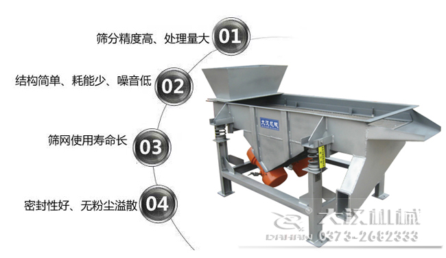 1016型直線振動篩特點：1，篩分精度高，處理量大。2，結(jié)構(gòu)簡單，耗能少，噪音低，3，篩網(wǎng)使用壽命長，密封性好無粉塵溢散。