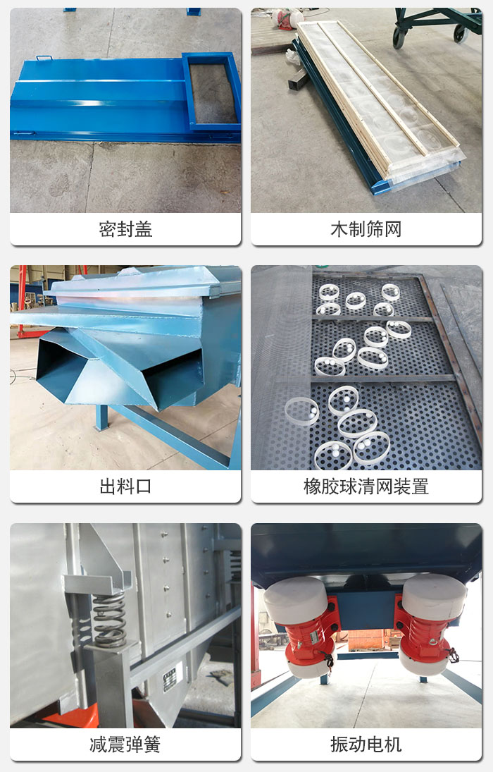 直線篩結構展示：篩網，篩箱，振動電機，振動電機座，減震彈簧，支架等部件展示圖