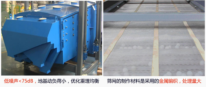 方形搖擺篩采用低噪聲<75dB，地基動負(fù)荷小，優(yōu)化重理均衡；篩網(wǎng)的制作材料是采用的金屬編織，處理量大。