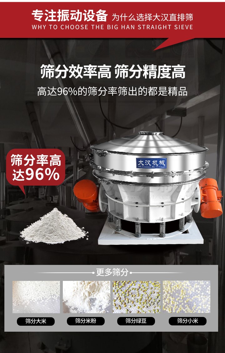 直排篩適用物料有面粉，淀粉，洗衣粉，金屬粉，添加劑，化工，非礦等行業。