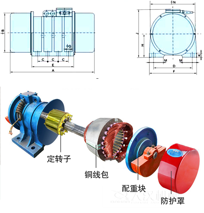 YZS振動(dòng)電機(jī)內(nèi)部主要部件：定轉(zhuǎn)子，銅線(xiàn)包，配重塊，防護(hù)罩。