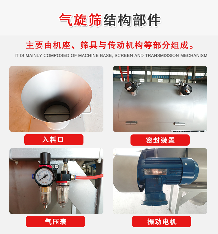 氣旋篩結構：入料口，密封裝置，電機，氣壓表等