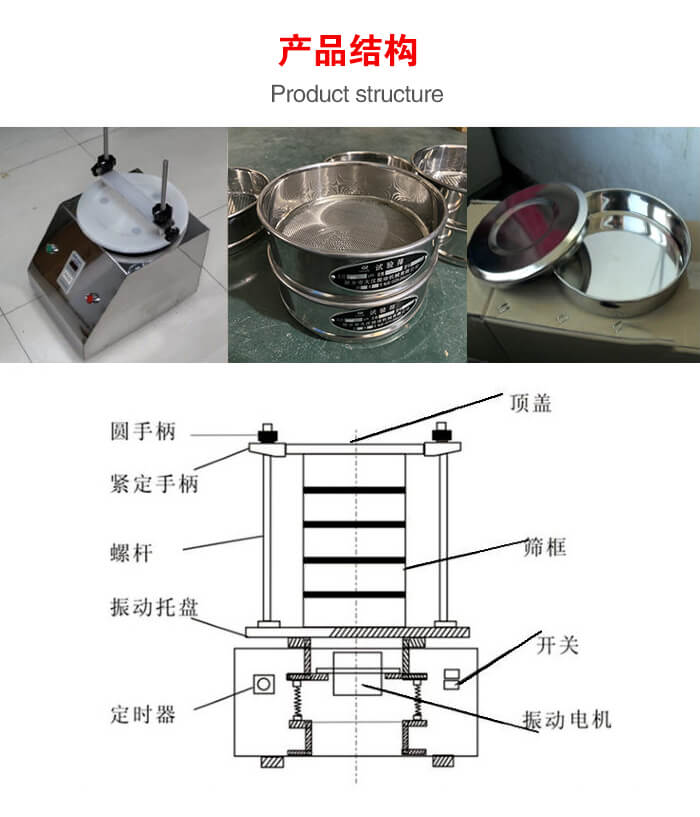 實驗室振動篩-試驗篩結構主要由：圓手柄，緊定手柄，螺桿，振動托盤，篩框，頂蓋等。